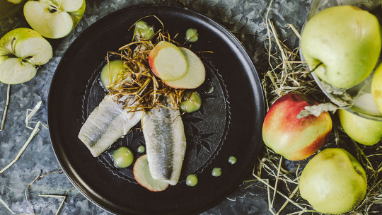Śledź wędzony na herbacie z jabłkiem i porem